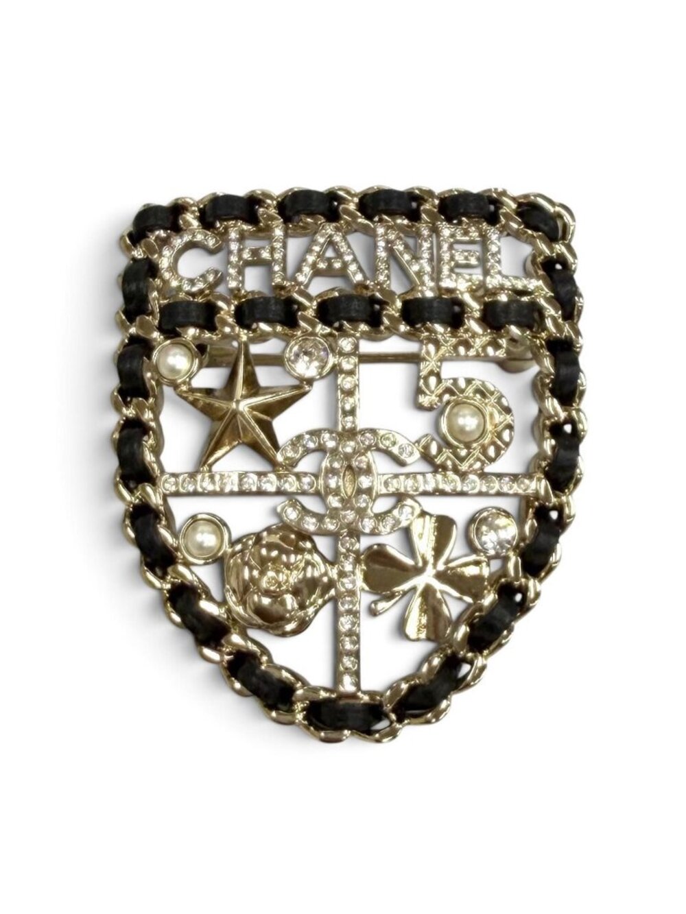 Chanel CC Logo Eco Pearl Rhinestone Leather Use Emblem Icon Brooch